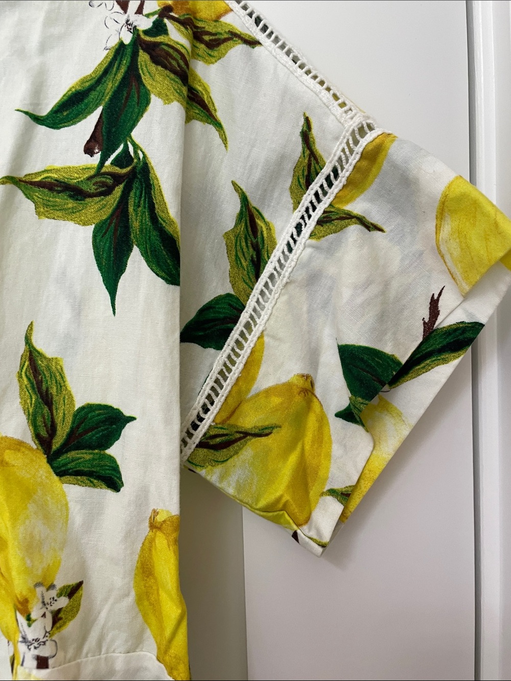 Linen-Blend Lemon Print Peplum Top - Yellow - Picture 3 of 6